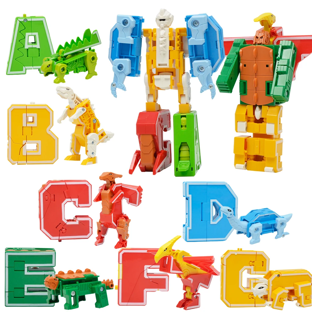 7 Pieces Dinosaur Alphabet Blocks Transform Robots Toy Playset Combinate to Big Robot Early Letter Educational for Kid Boys Gift