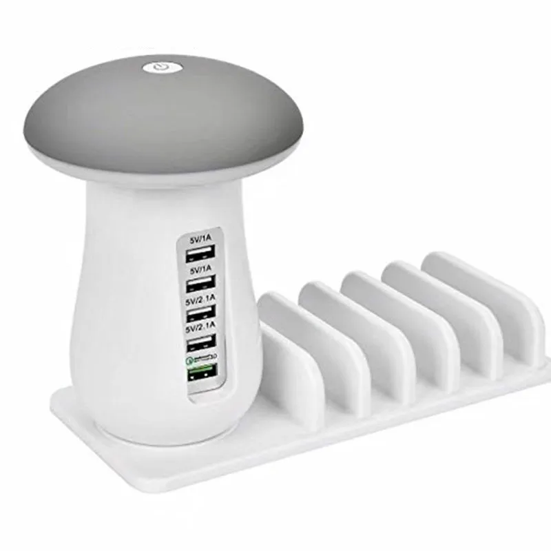 

Multifunction Mushroom Night Light USB Travel Charging 5 Port Charging Holder QC3.0 Fast Charge For iphone iPad