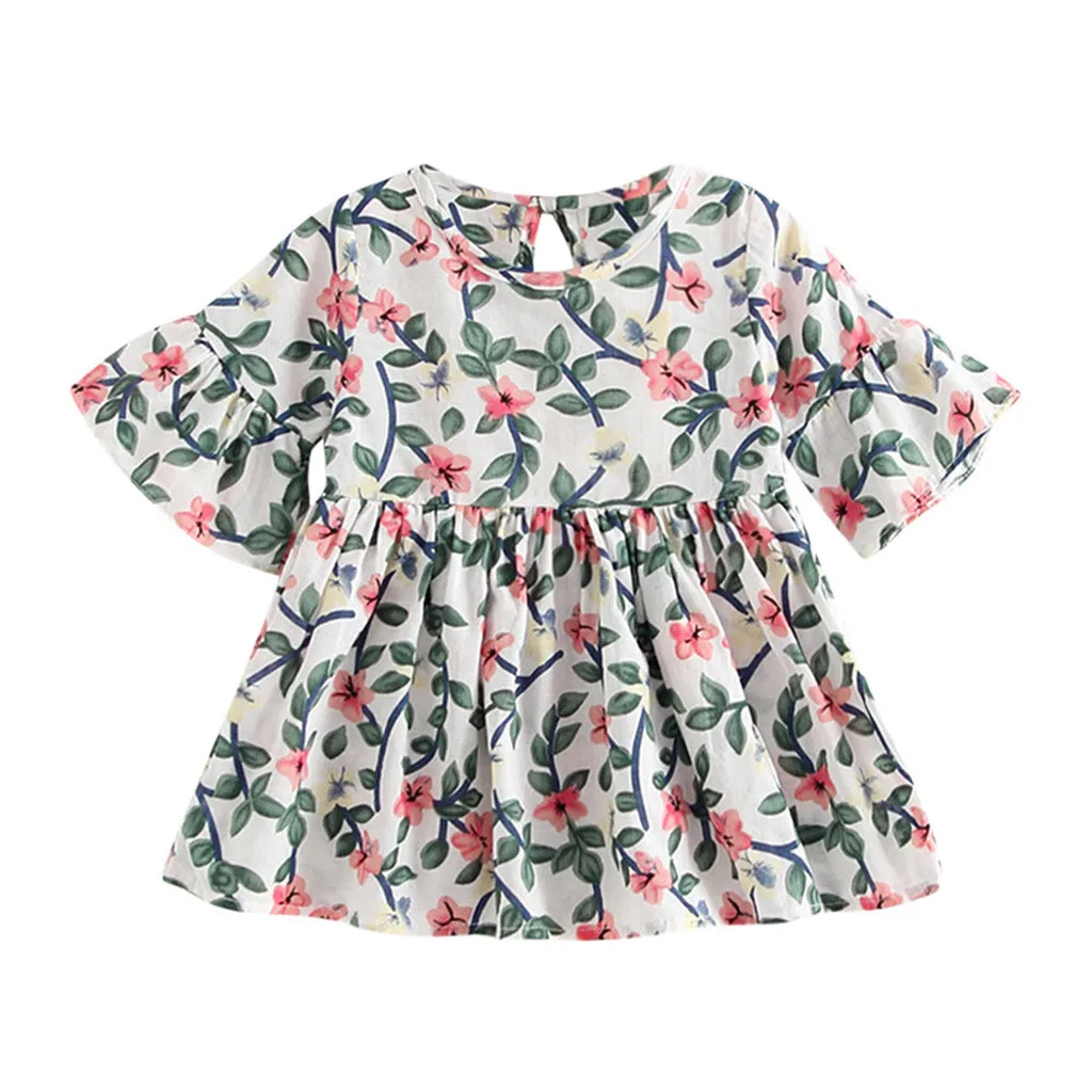 Summer New Fashion Toddler Kids Baby Girls Dress Floral Print Flare Sleeve Princess Dress Outfits Wholesale Free Ship Z5