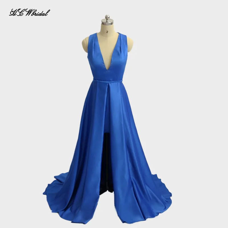 Elegant Blue Short Evening Dress With Detachable Train V Neck Cap ...