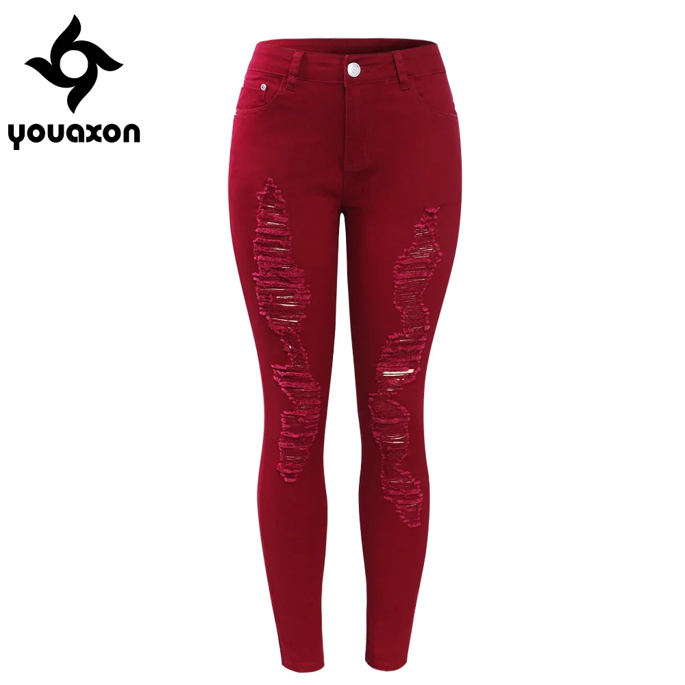

2095 youaxon Ragged Jeans Women Stretchy Ripped Pants Skinny Pencil Jeans Woman Trousers With Scuffs