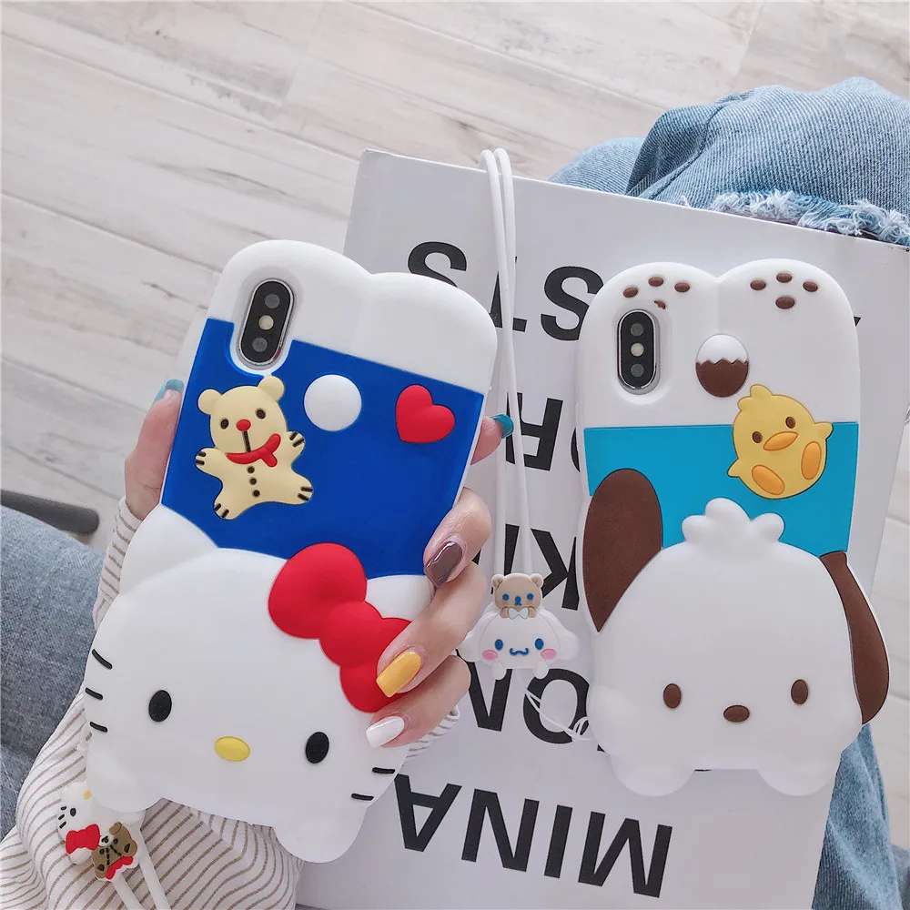 3D Аниме My melody Hello kitty Мягкий силиконовый чехол для телефона для iphone 11 pro max 6 7 8 plus X XR XS MAX Cinnamoroll Lanyard Cover