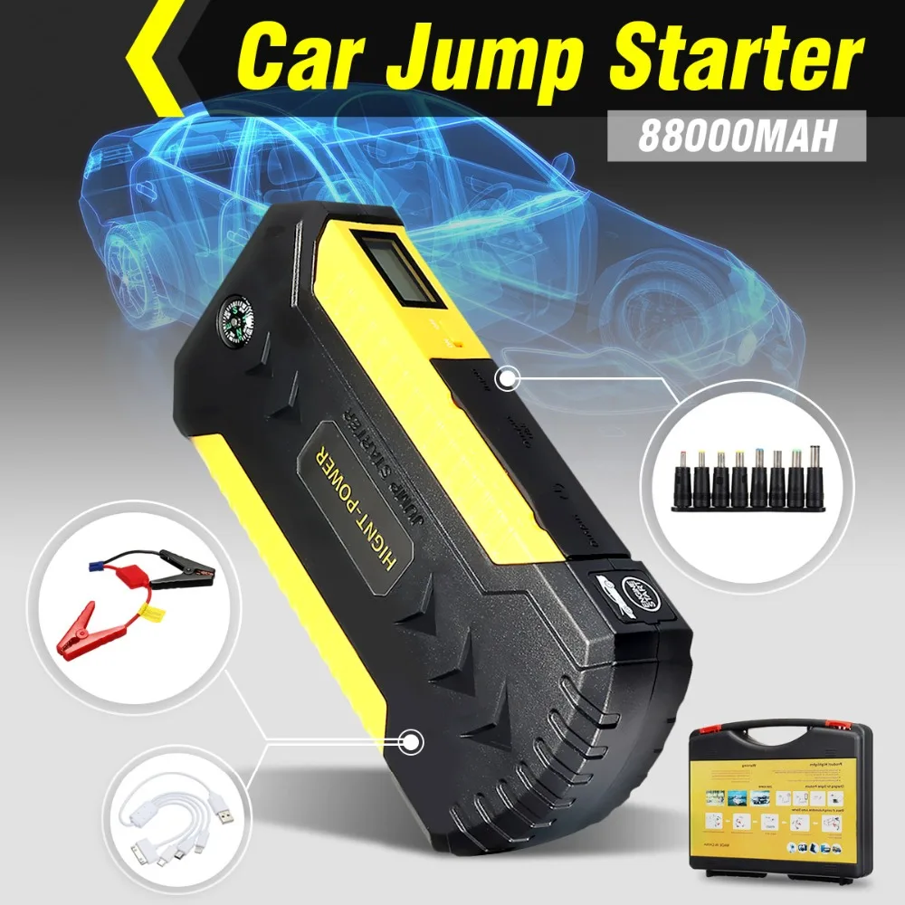 

88000mAh 4USB 12V Car Jump Starter Emergency Charger Booster Power Bank Battery Jump Starter Tool Set for Auto Starting Device