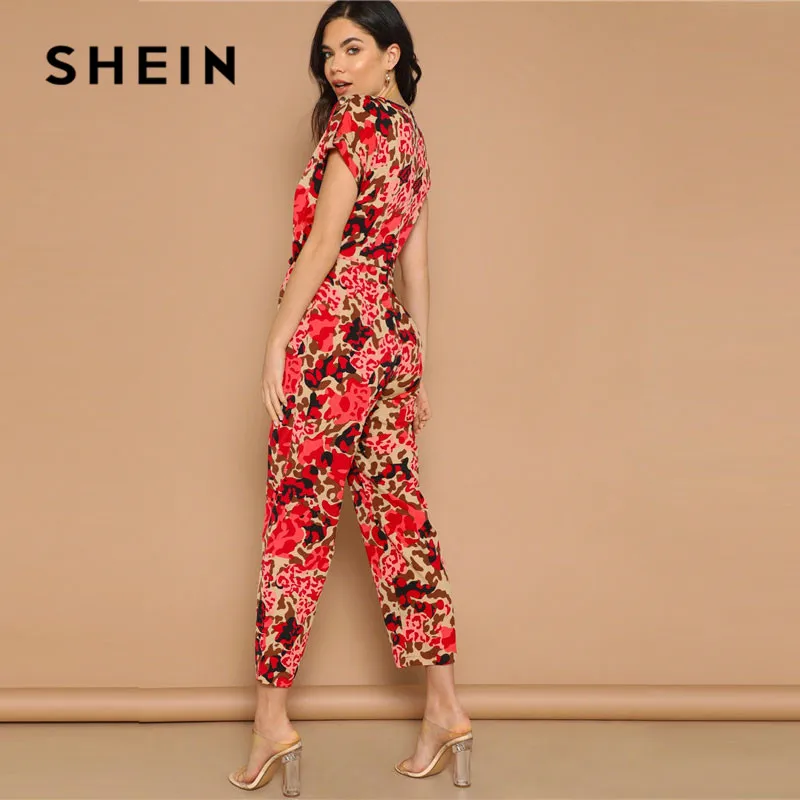 SHEIN Lady Highstreet комбинезон с закатанным рукавом и узлом спереди с леопардовым принтом женский летний повседневный комбинезон с высокой талией