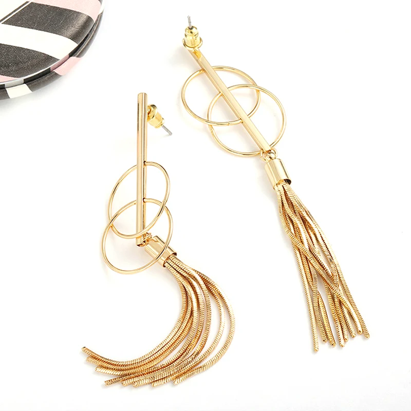 Women Gift Gold Plated Filled Jewelry Brand Ombre Tassel Earrings Long Chain Geometry Circle Drop Dangle Tassel Stud Earrings  (5)