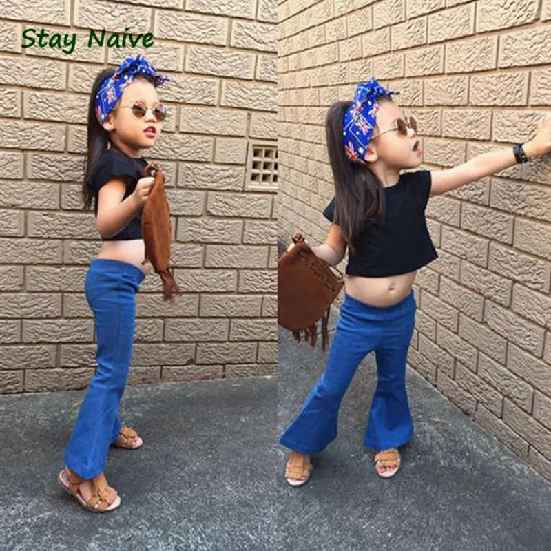 2017 spring models girls baby soft vintage denim bell bottoms jeans children free shippingin
