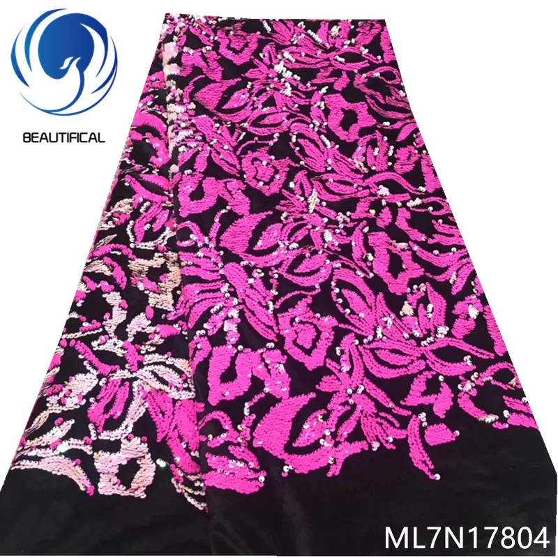 

Beautifical african lace fabrics 5yards/lot 2019 New Flannel fabrics sequins embroidery lace fabric for dresses ML7N178