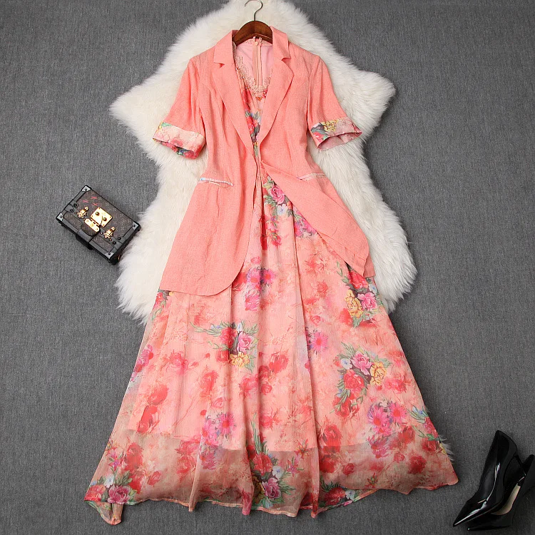 Dress Suit Women 2019 Spring Summer New None Button Long Blazer + Lace Patchwork Beading Printed V-Neck Tank Dress Two Piece Set