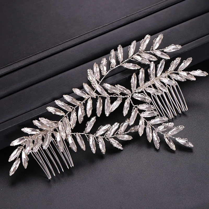 

FORSEVEN Gold/Silver Crystal Leaf Bridal Tiara Headpiece Hair Combs Jewelry Headband with Comb Women Wedding Hair Accessories JL