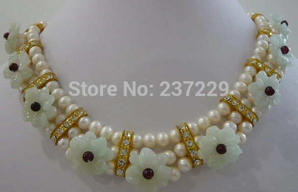 

HOT## Wholesale price FREE SHIPPING^^^^Real White Pearl Natural Jade Flowers 18KWGP Crystal Pendant Necklace