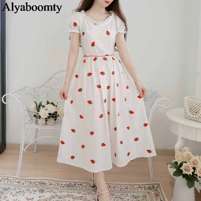

Mori Girl Summer Women Long White Dress Lace Collar Embroidery Strawberry Elegant Dress Sweet Cotton Korea Chic Midi Party Dress