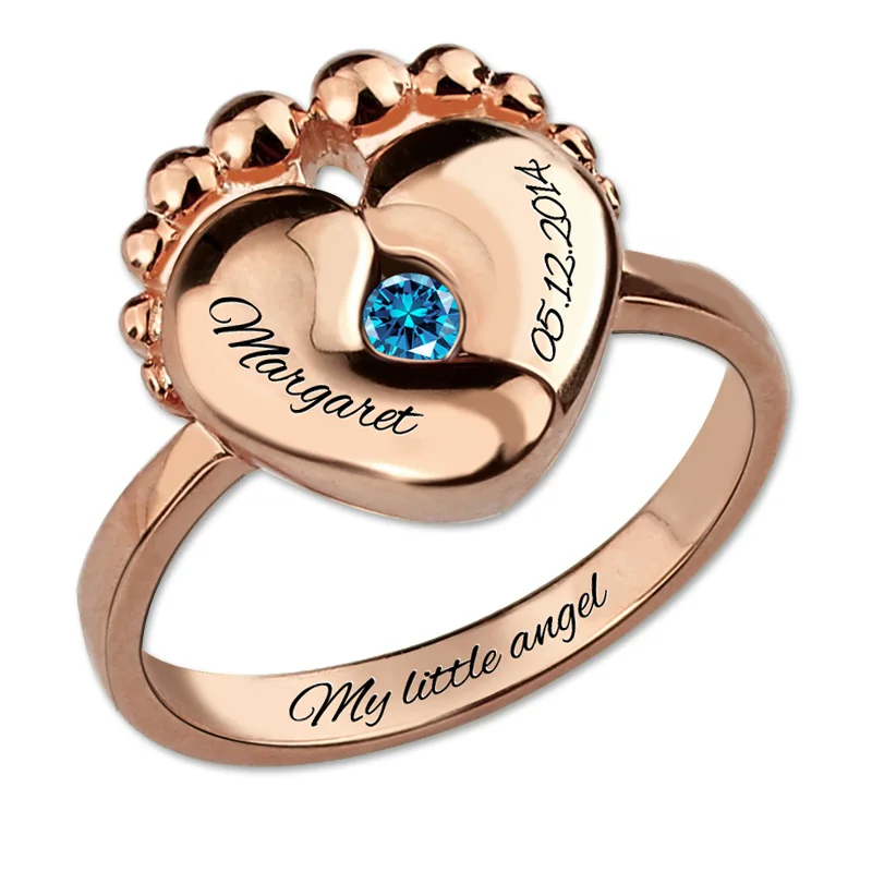 

AILIN Baby Feet Birthstone Ring Rose Gold Color Personalized Engraved Ring Special Memorial Gift for New Mom