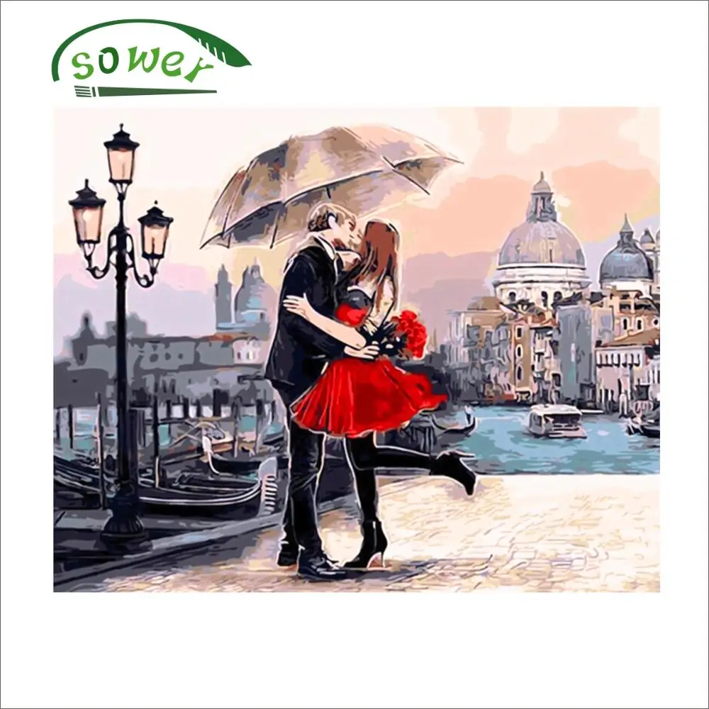

SOWER DIY Digital Painting By Numbers Package Red couple rain oil painting mural Kits Coloring Wall Art Picture Gift frameless
