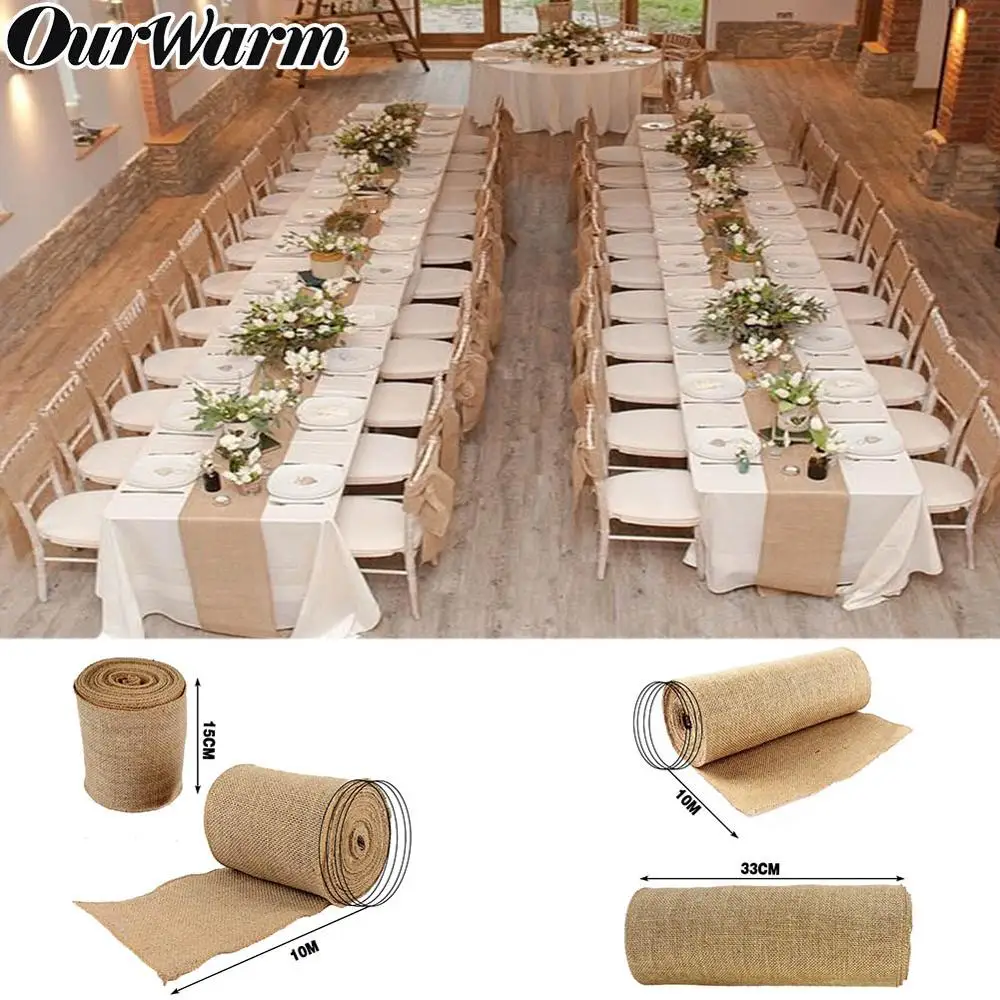 

OurWarm 10M Roll Upholstery Fabric Natural Jute Hessian Burlap Cloth Craft Wedding Party Table Runner Rustic Table Decoration