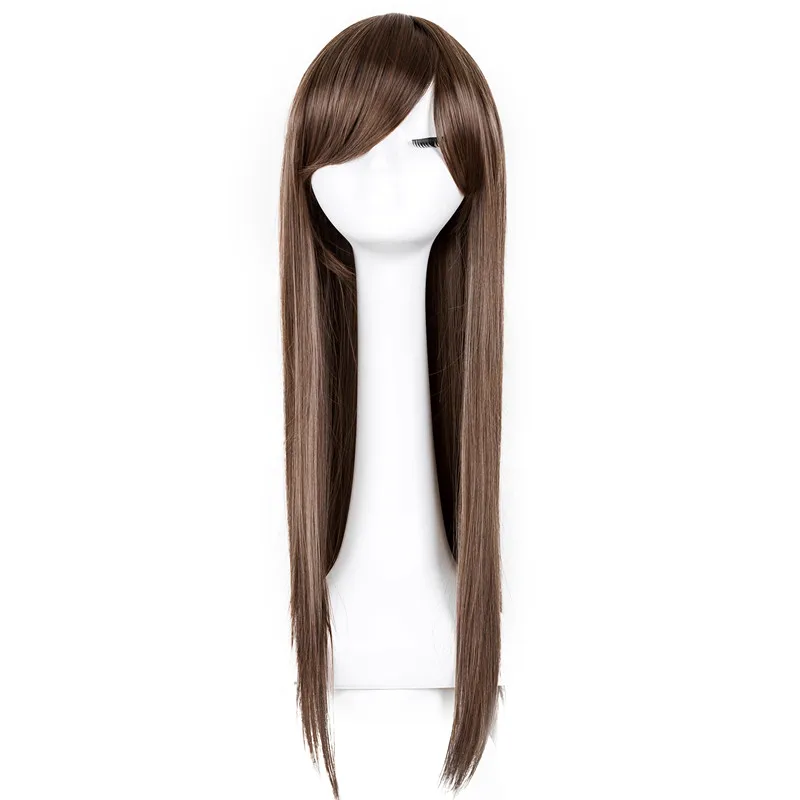 Fei-Show Straight Wig Synthetic Heat Resistant Fiber Long Light Brown Hairpiece Salon Oblique Fringe Women Inclined Bangs Hair | Шиньоны и