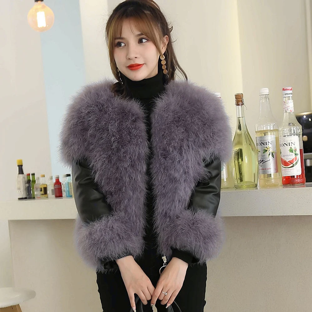 

2019 New Arrival Casual Vintage 100% Real Ostrich Fur Jacket Patchwork with Pu Natural Fur Waistcoat tsr374