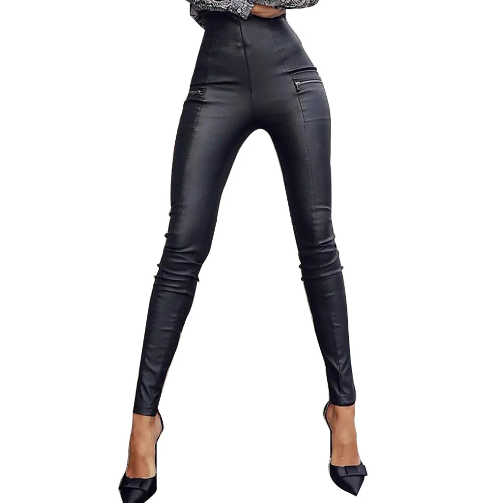 Women Pure Color Tight Fitting High Waist Leather Pants Little Feet Pants trousers skinny leather pants #0508