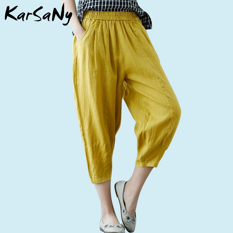

KarSaNy Baggy Linen Pants Women 2019 Summer Ladies Trousers Yellow Casual Wide Leg Loose Linen Cotton Vintage Pants Woman Summer