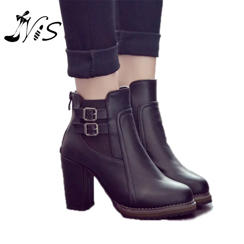 Fashion Classic Sexy Women Shoes Thick High Heel Double Buckle Knight Ankle Boots Elastic Zip Bootie