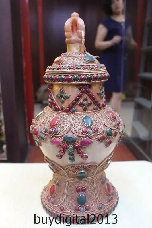 

18" Tibet Religion Crystal Silver inlay Gem Gemstone Bowl Vajar Pot Jar Crock