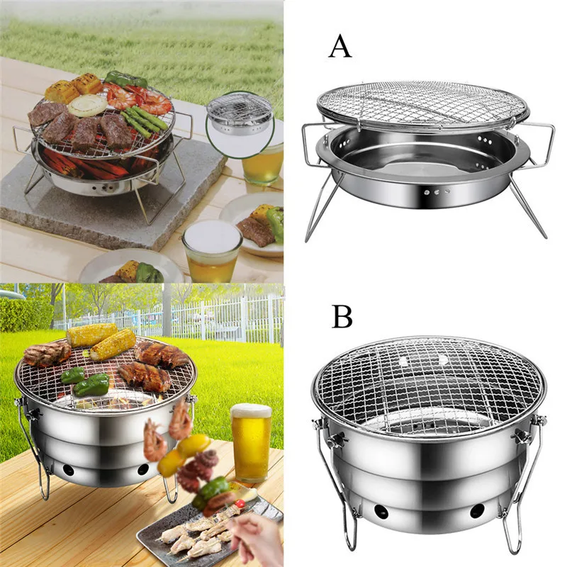 Horno de barbacoa de acero inoxidable al aire libre portátil redondo plegable estufa de Picnic calefacción Camping utensilios de cocina Kamp