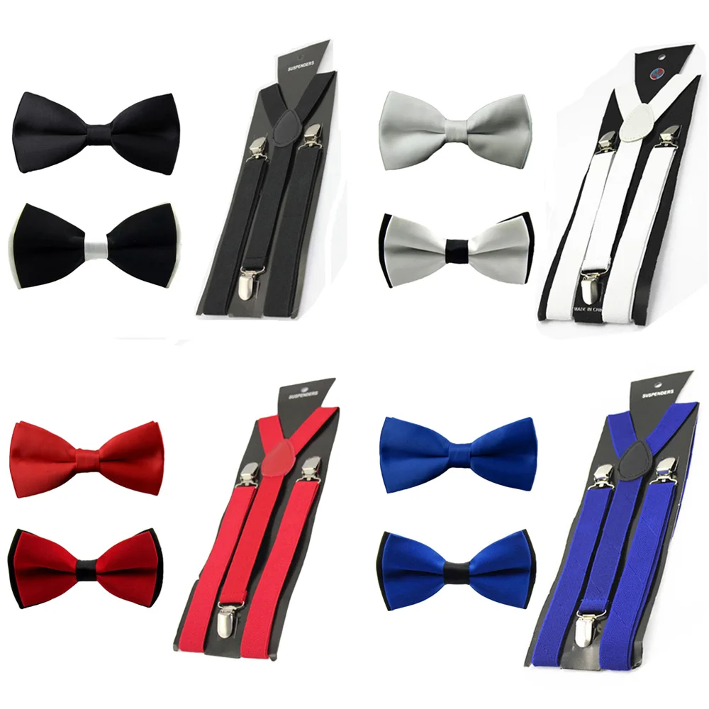 Adjustable Men Plain Satin Suspenders Braces Bowtie Bow Tie Set Elastic Y Back