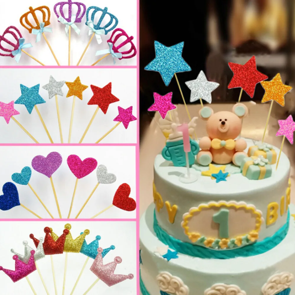 Party Supplies DIY Craft Cupcake Toppers Glitter Star /& Heart Cake Decor Picks