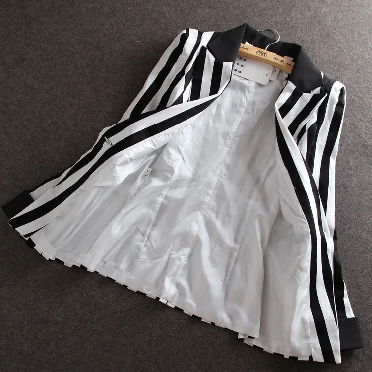 Высокое качество Осень корейский тонкий маленький пиджак женский черный и белый полосатый блейзер feminino