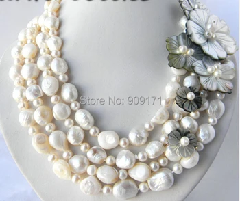 

Free Shipping>>4Strands 18'' 13mm White Round Baroque Freshwater Pearl Shell Flower Necklace