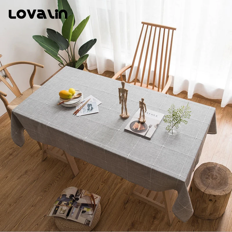 Lovalin Gray Khaki Plaid Fabric Tablecloth Rectangular Linen Plain
