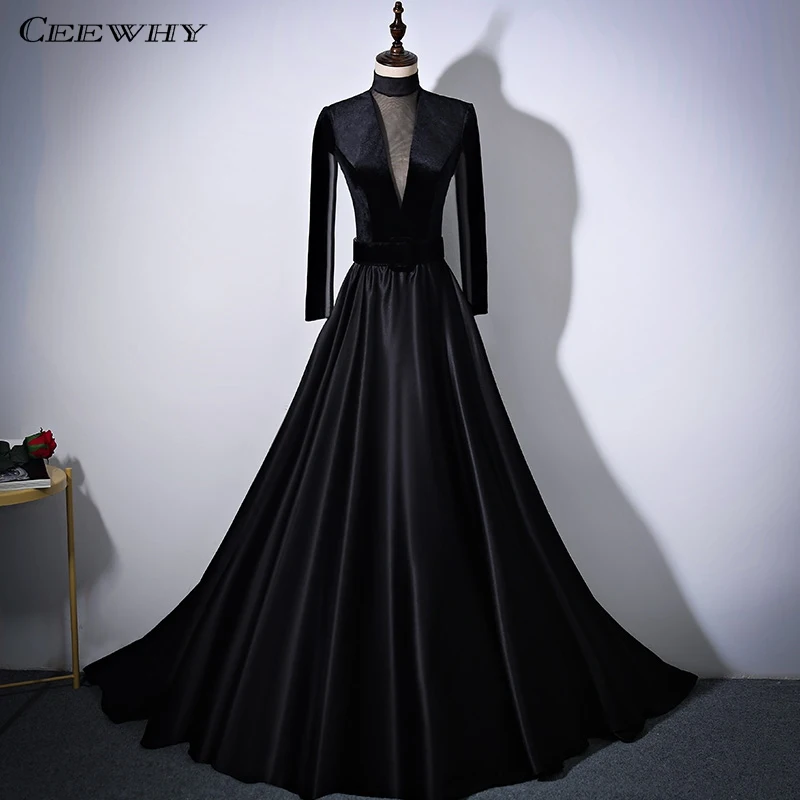 

CEEWHY Black Evening Gown Vestido De Festa A-line Long Sleeves Evening Dress Vintage High Neck Prom Dresses Robe De Soiree