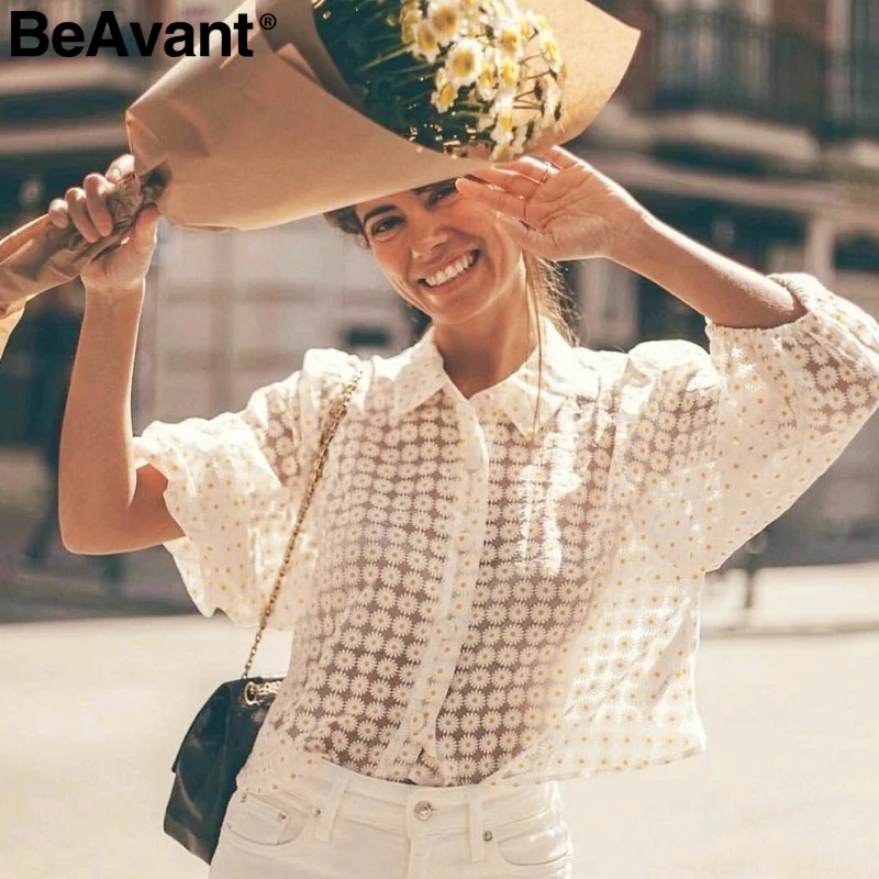 

BeAvant Vintage flower women blouse shirt Sweet puff sleeve mesh female short summer tops blouse Holiday beach ladies blouses