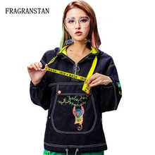 Женские весенне-осенние новые модные джинсовые пальто с вышивкой и капюшоном Свободный Повседневный уличный стиль пуловеры Женская черная верхняя одежда LY152