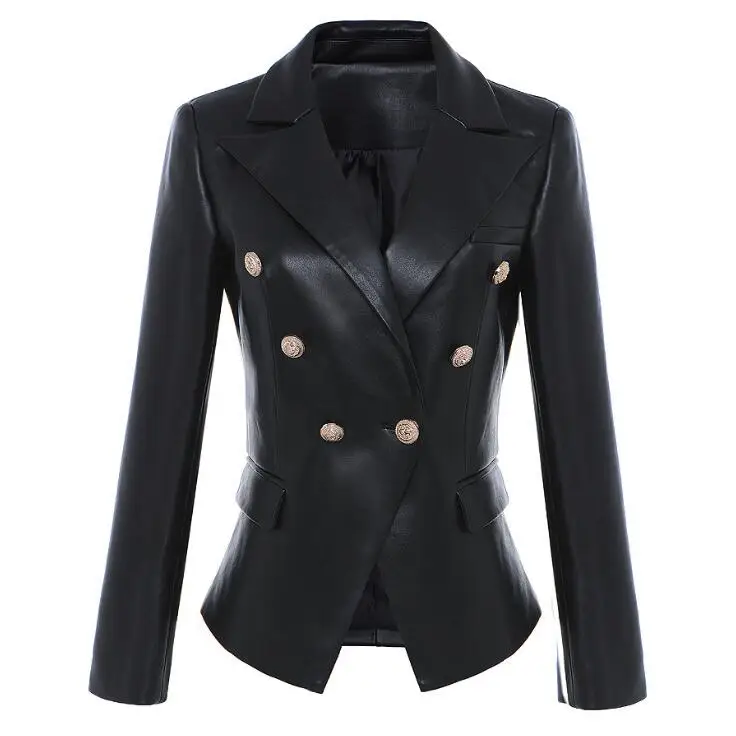

Fall winter women's blazer leather jacket coat lion metal buttons streetwear fashion PU slim suits overcoat plus size