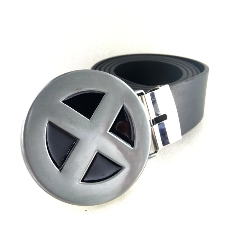 Mens big buckle belts Superhero X men logo metal buckles Black Pu