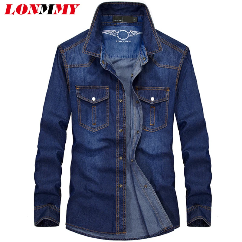 LONMMY 4XL 5XL Джинсовая блузка мужская с длинным рукавом Повседневная приталенная джинсовая рубашка мужская 100% хлопковая рубашка мужская