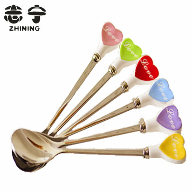 1PC ceramic stainless steel spoon lovely heart love shape coffee spoon