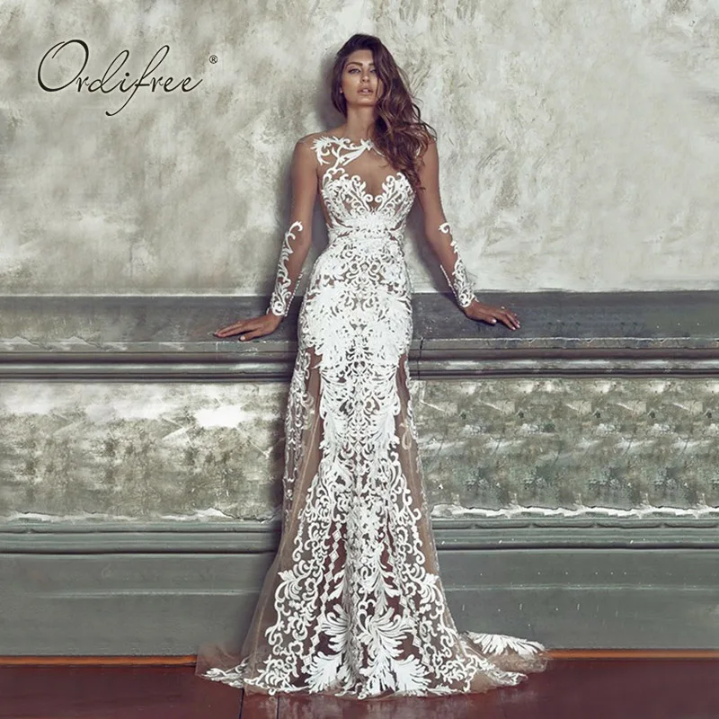 

Ordifree 2019 Summer Women Long Party Dress Long Sleeve Mesh Embroidery Floor Length Backless Sexy Transparent Maxi Dress