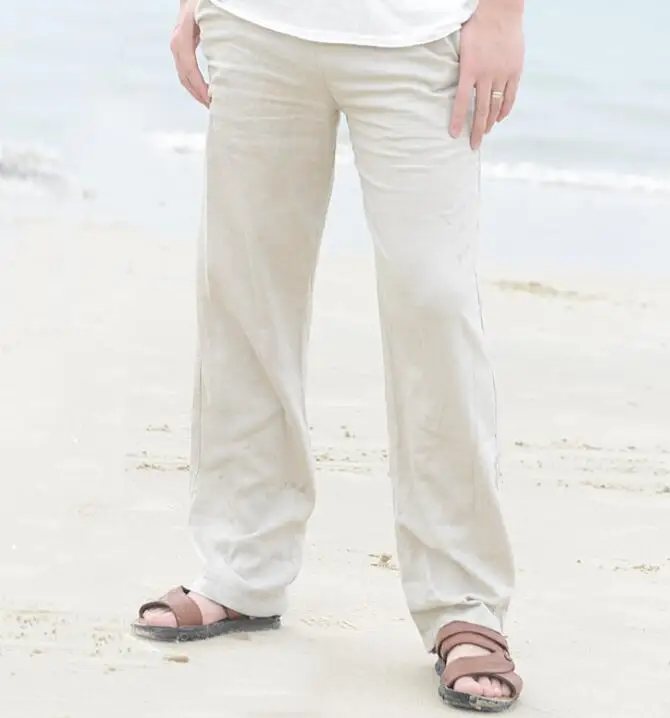 Новые высококачественные мужские летние повседневные штаны из натурального хлопка, льняные брюки с эластичной резинкой на талии, прямые мужские свободные штаны, 5 цветов - Цвет: Хаки