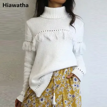 

Hiawatha Autumn Winter Turtleneck Tassel Sweater Women White Long Knitted Split Pullover Loose Jumper E1940