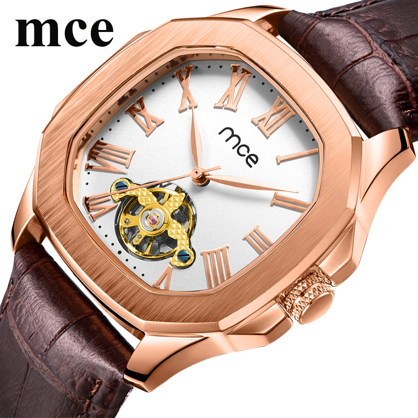 

MCE Square Automatic Military Watch Men Skeleton Wind Watch Water Resistant Tourbillion Mens Mechanical Watches Mrelojes hombre