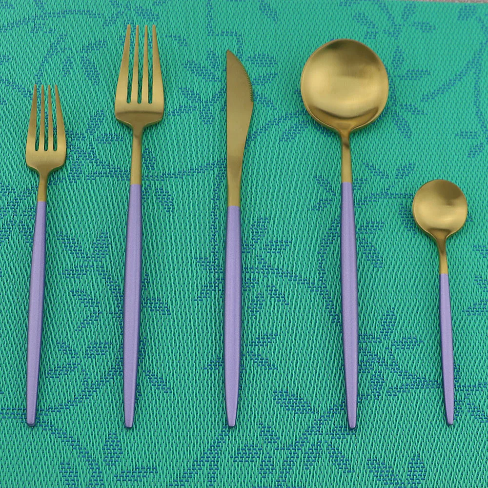 

Royal Purple 18/8 Stainless Steel Dinnerware Set Dinner Knives Forks Scoop Cutlery Dinning Sets Golden Restaurant Tableware Sets