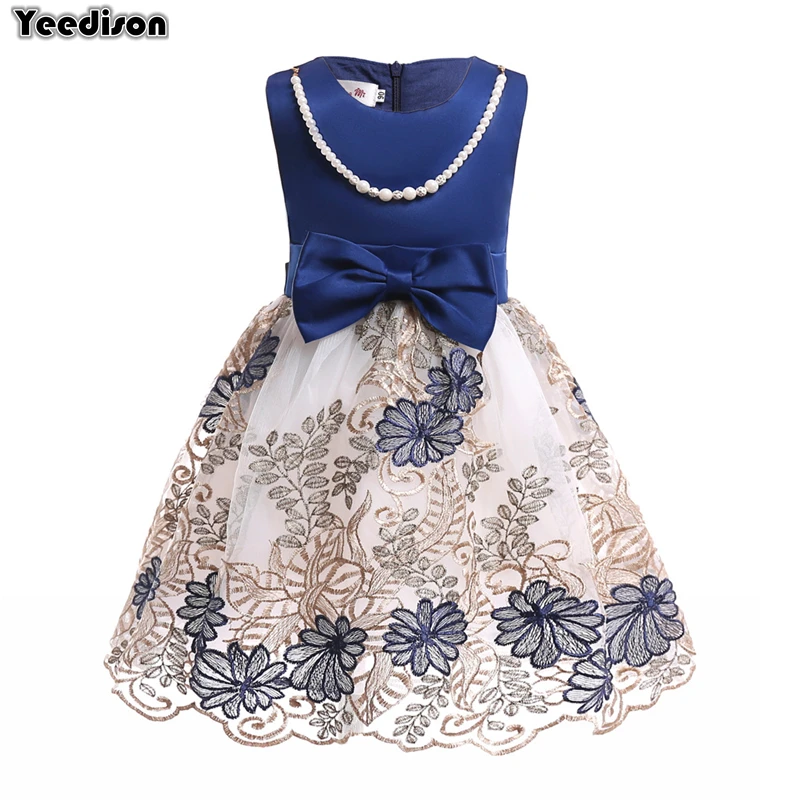 

Embroidered Princess Dress Girls Costumes 2018 Big Bow Children Wedding Dress Sleeveless Pearl Party Kids Lace Dresses For Girls