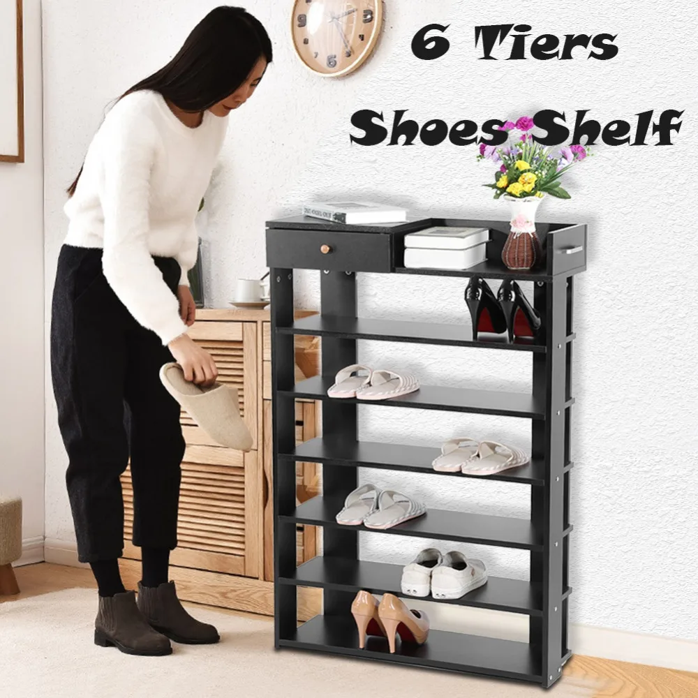 6 Tiers Black Standing Shoe Rack Easy Assemble Storage Shelf Shoe