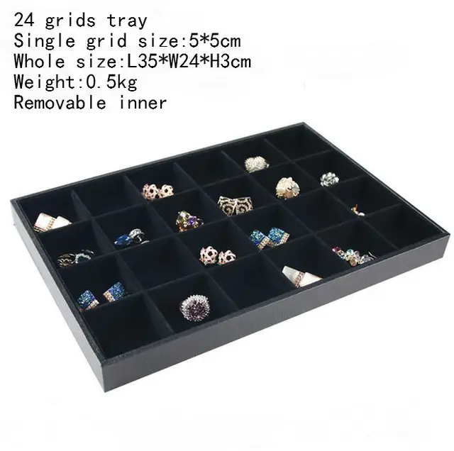 Hot Selling PU Frame Velvet Jewelry Organizer Jewellery Display Ring Box Necklace Earring Holder Various Models for Option 24 grids tray
