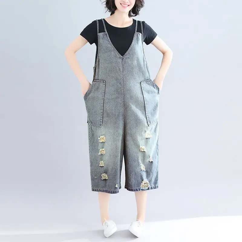 

denim fabric Destroy Wash rompers summer overalls women jumpsuits hole suspenders jeans women overalls summer rompers jeans