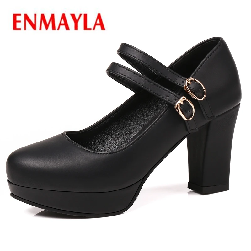 

ENMAYER PU Round Toe Casual Women High Heel Pumps Basic Super High (8cm-up) Square Heel Women Heels Size 34-43 LY1126