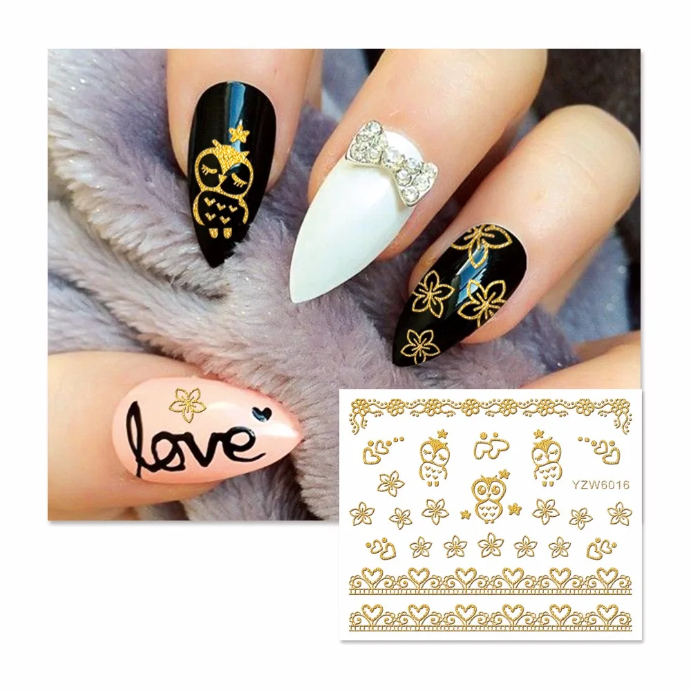 

YZWLE 1 Sheet Gold Cute Owl Pattern Nail Stickers Beauty Nail Art 3D Decal Decorations Sticker On Nails Accessories 6016