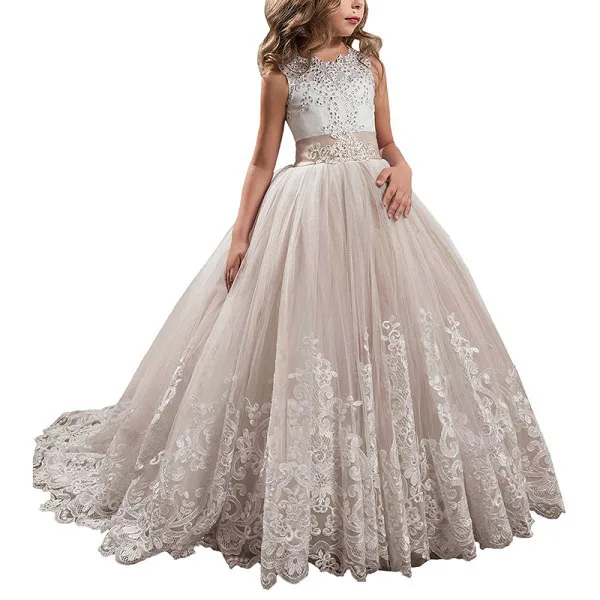Платья с цветочным узором для девочек на свадьбу, кружевное платье с вышивкой и бусинами и бантом, платье для выпускного бала для девочек - Цвет: Шампанское