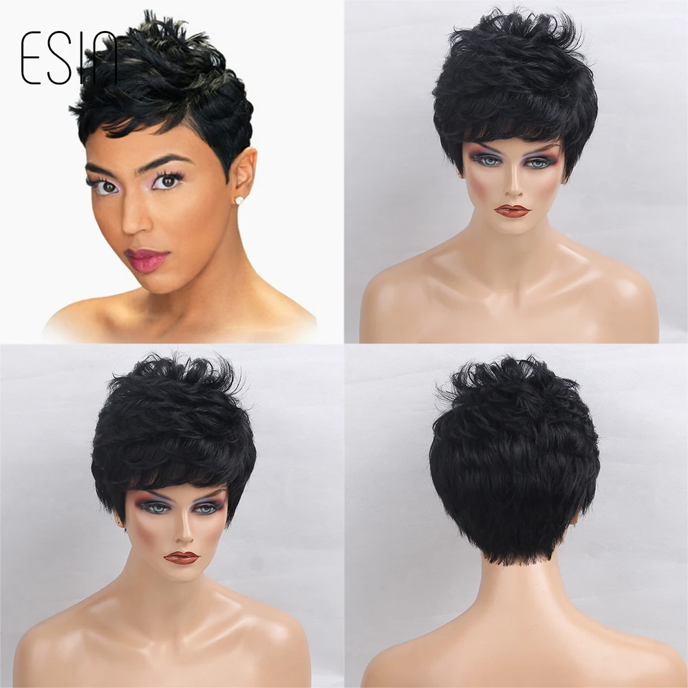 ESIN Женский короткий парик черного цвета 70% натуральных волос Стильная стрижка на